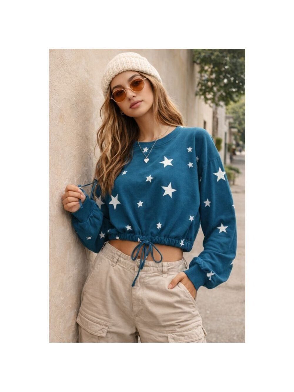 Cure Blue & White Star Print Tie-Front Top – Size Medium